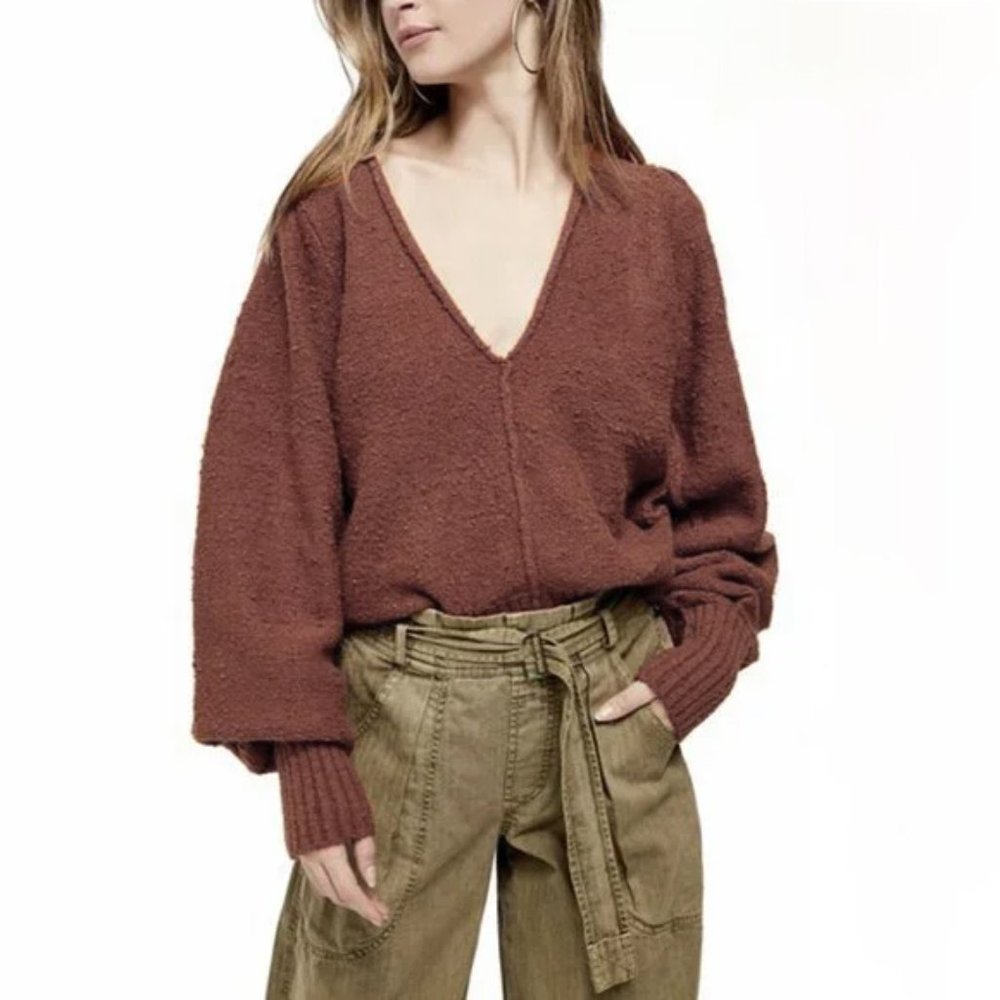 Free People Reverie V-Neck Sweater Balloon Sleeve - Pinkish Brown